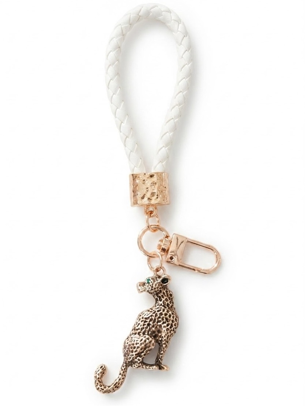 White Braided Leather Keychain with Gold Leopard Charm